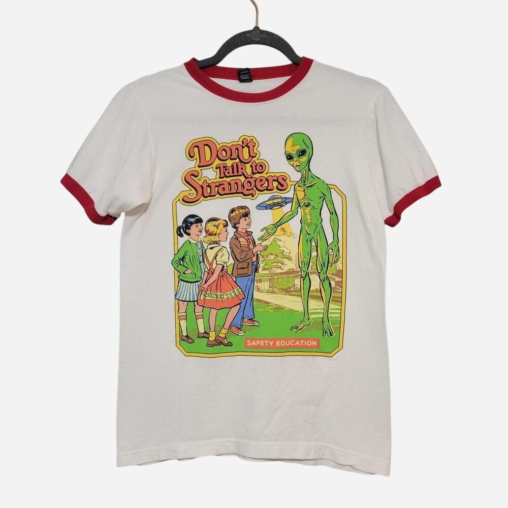 Steven Rhodes "Don't Talk to Strangers" Small Graphic Novelty Ringer Tee Retro